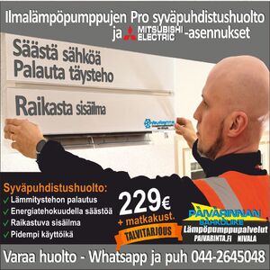 Ilmalämpöpumpun syväpuhdistus Pro kennopesulaitteella + kylmäainetäyttötilanteen kertova terminen mittaus 229€ + matkakustannus
